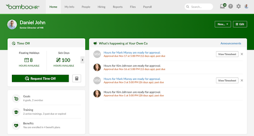 The BambooHR dashboard
