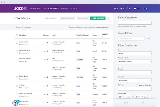 JazzHR’s candidate dashboard