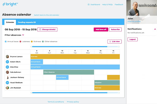 Screenshot of Bright HR’s absence calenda