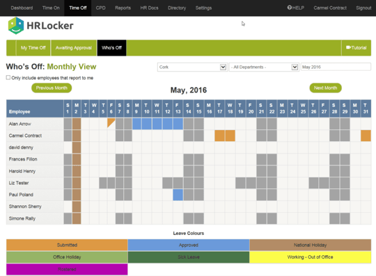 Screenshot of HRLocker's Who's Off calculator