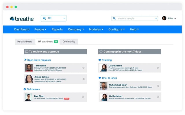 Screenshot of Breathe HR’s dashboard