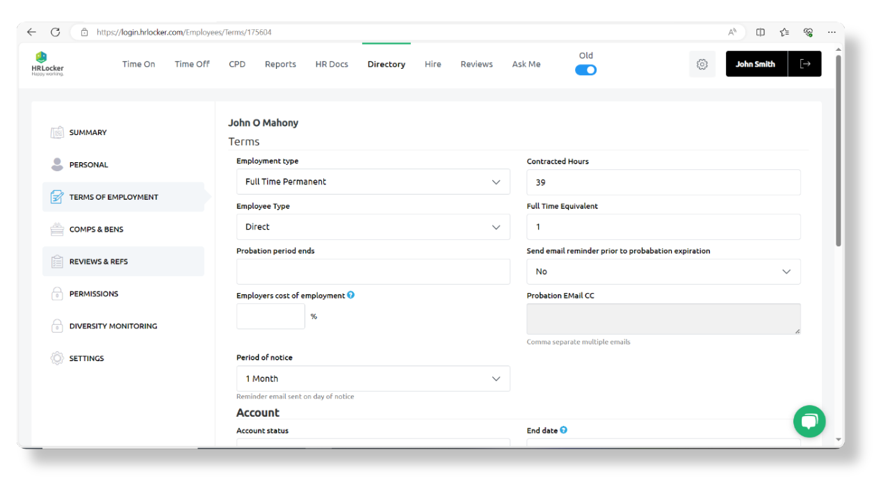 Screenshot of HRLocker’s Terms of Employment dashboard