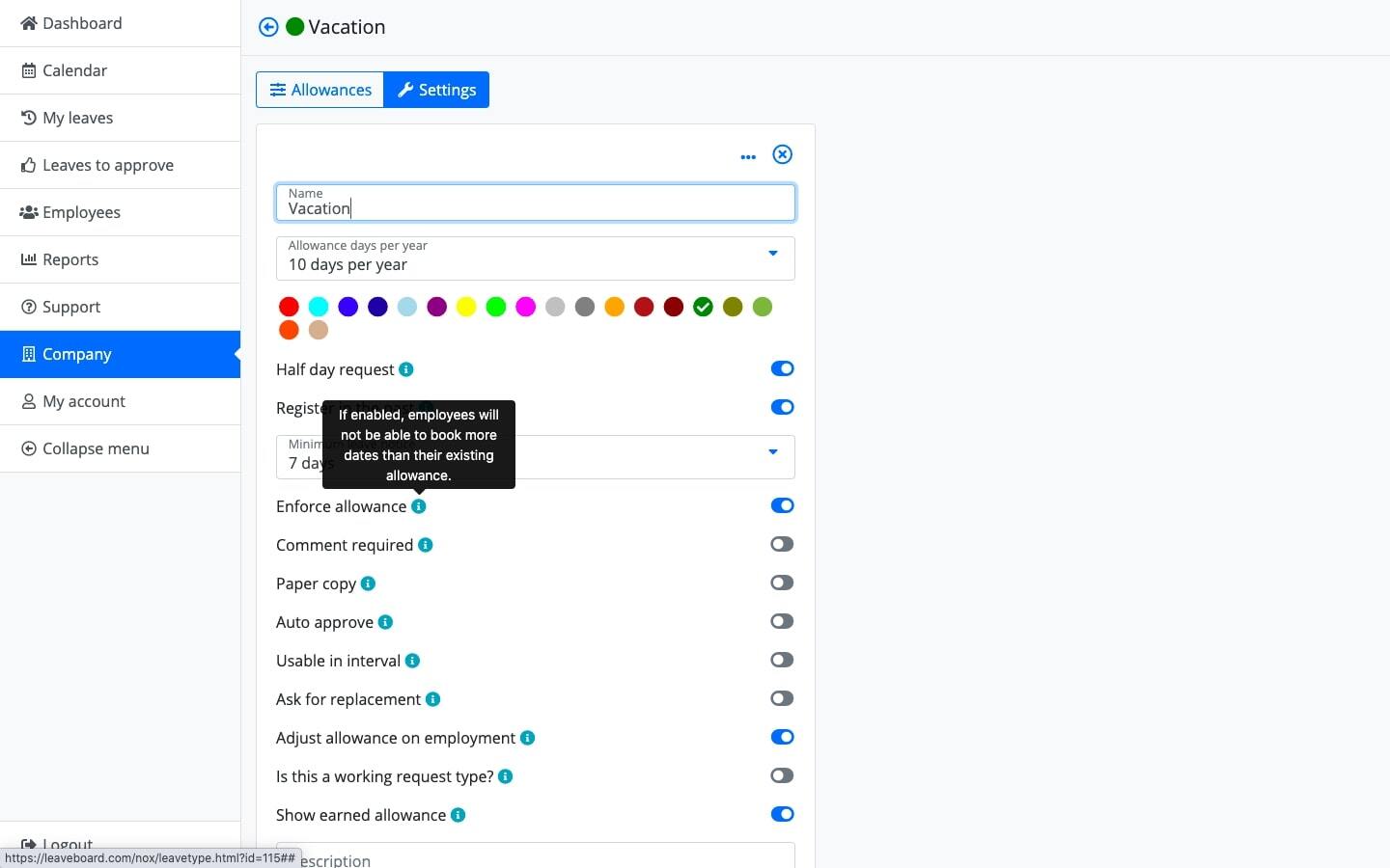 Leaveboard’s custom leave types feature