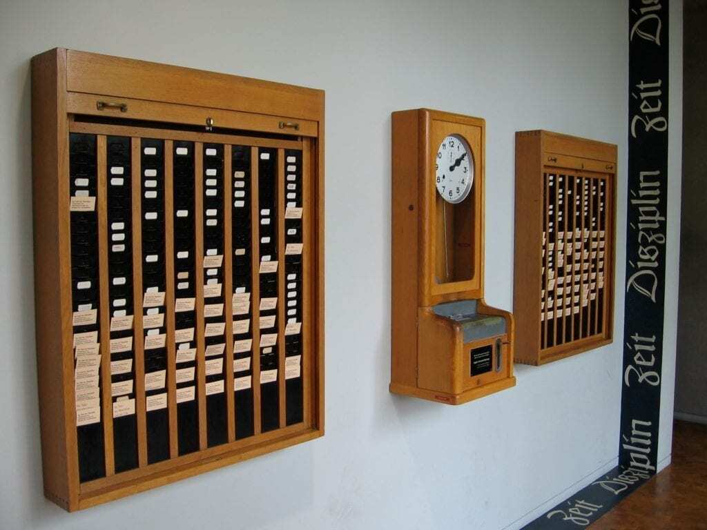 picture of an old fashioned punching in clock in in out machine in a factory time and attendance systems