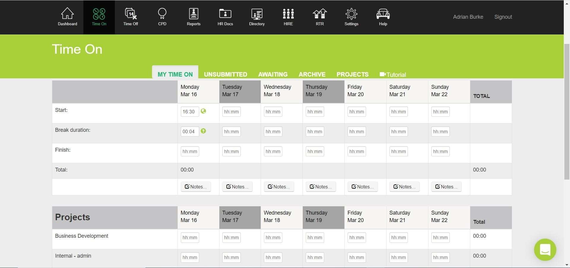 working day overview with HRLocker